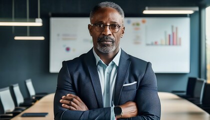 Fototapeta premium ビジネス環境で力強く立つ黒人男性、会議室のホワイトボードとプロジェクターが会議の雰囲気を演出