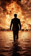 A Fiery Protest A Man Stands Resolutely Amidst Chaos and Flames in a Striking Visual Statement