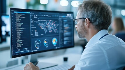 A professional analyzing data on a modern computer screen in a collaborative office environment.
