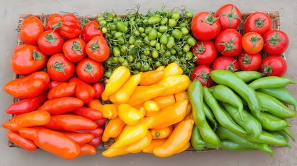 Vibrant Display of Fresh Vegetables A Colorful Variety of Peppers and Tomatoes