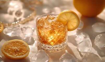 A set of lemons on an iced tea background worthy of a fashion magazine cover