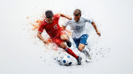 Colorful watercolor painting of soccer players are fighting for the ball