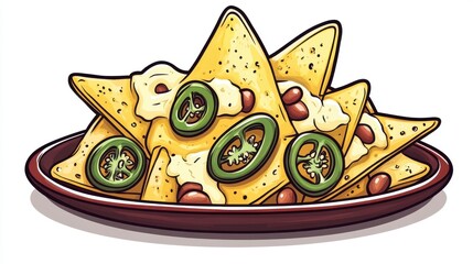Delicious Nachos with Cheese Jalapenos and Beans Cartoon Illustration