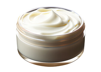 Hygienic white color paint face cream in jar glass clear isolated on cut out PNG or transparent background. Makeup realistic cosmetics for women. Beauty facial cosmetic product texture.