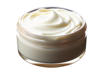 Hygienic white color paint face cream in jar glass clear isolated on cut out PNG or transparent background. Makeup realistic cosmetics for women. Beauty facial cosmetic product texture.