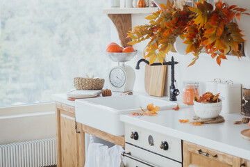 Autumn kitchen interior with fresh produce and decorative foliage near a window