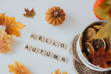 Hello autumn with seasonal decorations featuring leaves, pumpkin, and dried fruits on display