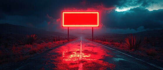 A neon red billboard illuminates a deserted road under a dark, stormy sky, creating a striking contrast between the vibrant colors and the moody atmosphere.