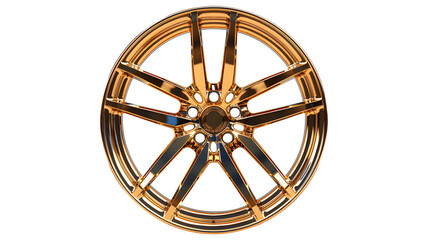 Glossy shiny gold wheel Alloy car wheels Rim or Mag Wheel high performance auto part decoration. Beautiful car accessories. Isolated on cut out PNG or transparent background