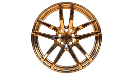 Glossy shiny gold wheel Alloy car wheels Rim or Mag Wheel high performance auto part decoration. Beautiful car accessories. Isolated on cut out PNG or transparent background