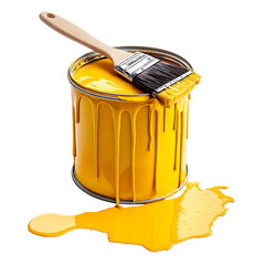 Open paint can and brush with dripping isolated on transparent background