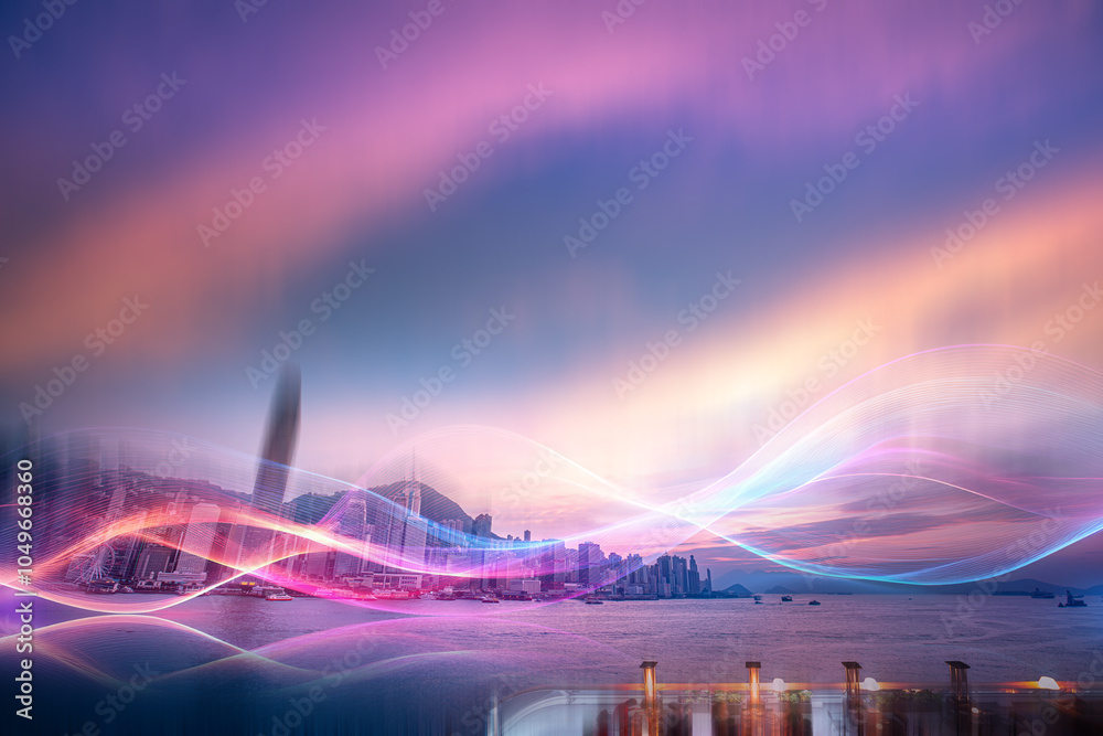 Poster a vibrant city skyline with an ethereal glow and a wavy pattern of light streaks across the sky.