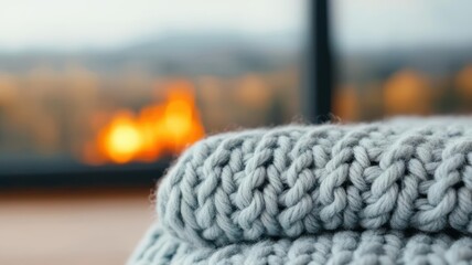Fototapeta premium Soft wool blanket in cozy winter cabin with firelight, cozy winter blanket comfort, warmth and relaxation