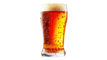 Beer yellow, gold in tall glass luxurious and white beer foam. Drink to celebrate various festivals. Realistic alcohol clipart template pattern. Isolated on cut out PNG or transparent background