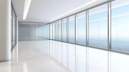 Obraz premium Spacious modern interior design, white room with breathtaking city views through expansive windows