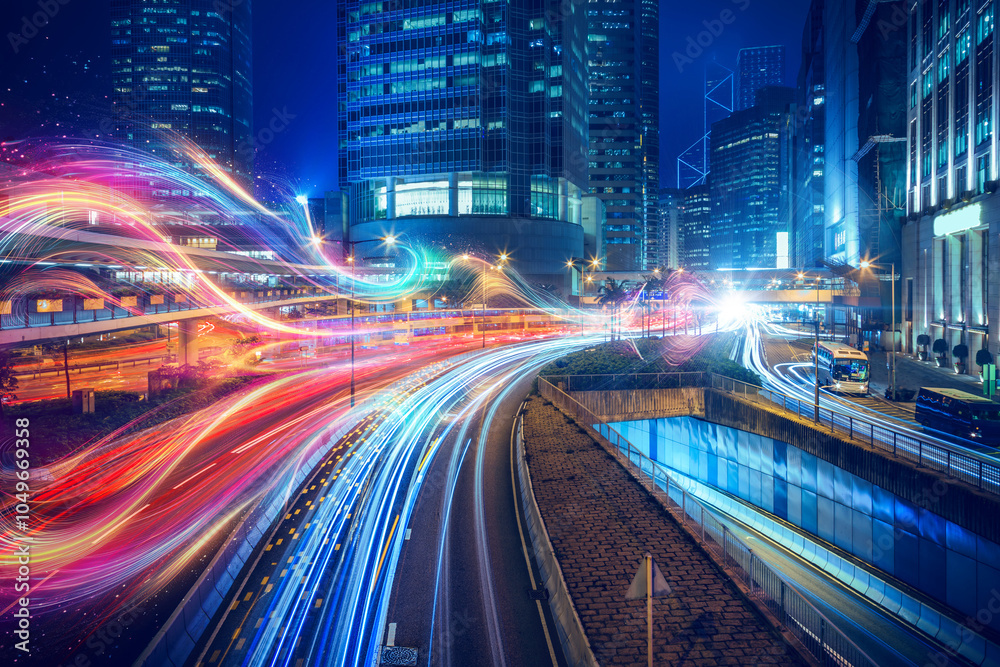 Poster a nighttime cityscape with streaks of light representing speed and connectivity.