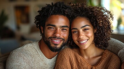 A joyful African couple with curly hair share a warm smile while sitting close together in a cozy indoor environment, surrounded by soft lighting.