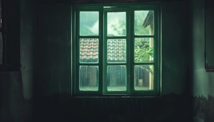 Light green glass window, dark room, old house, rain cloud visible, cinematic style.