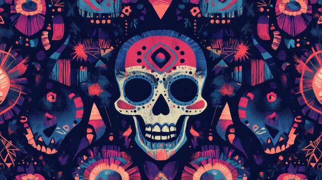 A vibrant, decorative pattern featuring stylized skulls and floral elements.