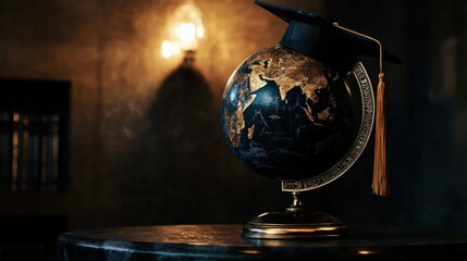 A globe adorned with a graduation cap symbolizes education and global awareness.