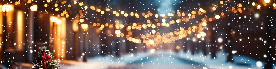 Snowy street festive lights at night, winter charm