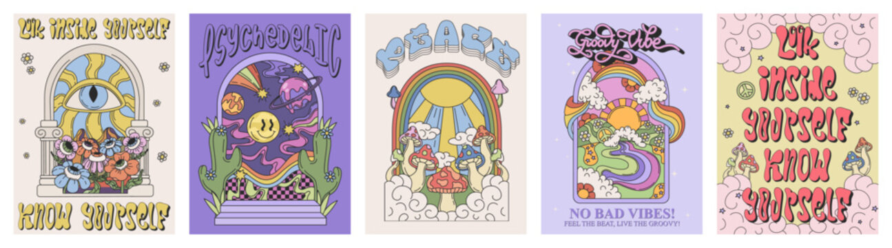 Trippy groovy world, Posters with arches into the world of psychedelic raves and the nature of the groovy world. Landscapes, retro vibe, trippy posters. Vector graphic set