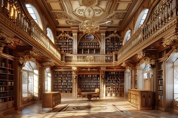 Fototapeta premium Luxury library interior with columns, bookshelves and windows