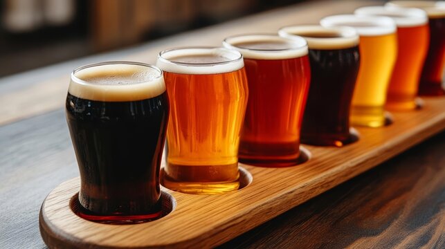 A colorful flight of craft beers ranging from light to dark, served on a wooden paddle, Beer Tasting Flight, Craft Beer Variety