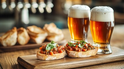 Artisanal bruschetta paired with two foamy craft beers on a wooden table, soft lighting in a traditional pub setting, Beer and Bites, Warm Pub Ambiance