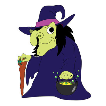 recommend clip art: cute cartoon old witch in 60s style with wart, crutch and cauldron with potion on white background, halloween, stock vector