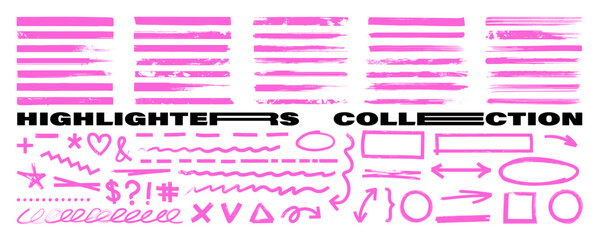 Highlighters graphic box, makers marks, underlines, arrows, notes in hand-drawn style. Underlines, lines, markers. Highlighters, scribble, doodle, notes for text, school board. Vector graphic set