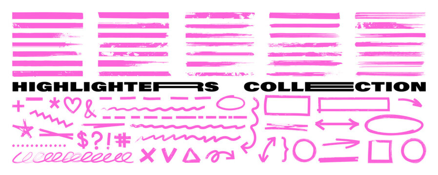 Highlighters graphic box, makers marks, underlines, arrows, notes in hand-drawn style. Underlines, lines, markers. Highlighters, scribble, doodle, notes for text, school board. Vector graphic set