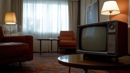 A retro television sits in a cozy living room, its vintage charm contrasting with the modern...