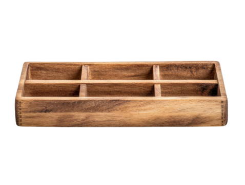 Wooden organizer with six compartments on white isolated background.
