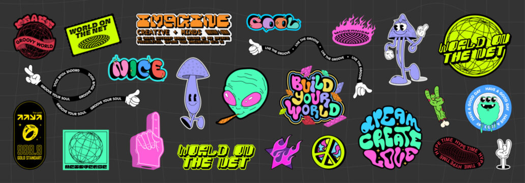 Naklejki Stylish stickers on the theme of retro raves, trippy and y2k. Psychedelic and retro wave, groovy characters, lettering and futuristic font and elements, y2k stickers, with cool slogans. Vector set