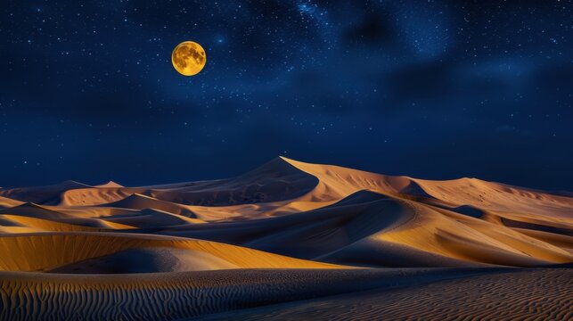 A breathtaking view of the Sahara Desert's Erg Chebbi dunes under a full moon, Desert scene, Ethereal style