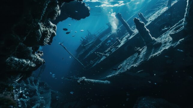 A breathtaking view of the sunken shipwrecks in Truk Lagoon, Micronesia, Underwater scene