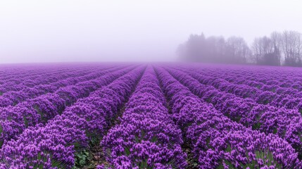 Aerial view of a lavender field in bloom, stretching out to the horizon under a pastel sky