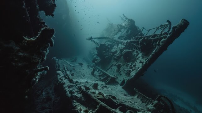 A breathtaking view of the sunken shipwrecks in Truk Lagoon, Micronesia, Underwater scene