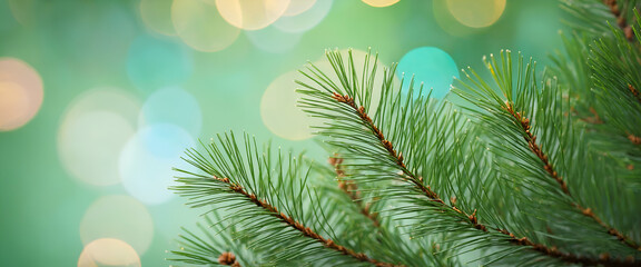 Merry Christmas decorative pine leaves with bokeh light background with lots of copy space, and happy New Year background gen. AI	
