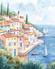 Obraz premium a tranquil watercolor scene of a cozy seaside village, pastel-colored cottages along a calm blue sea, with sailboats in soft hues in the distance.