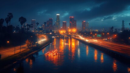 Fototapeta premium A long exposure shot of the Los Angeles skyline at night, with the city lights reflected in the water of the Los Angeles River.