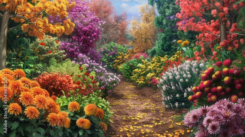Poster the garden showcases a stunning array of autumn flowers like chrysanthemums and dahlias, inviting vi