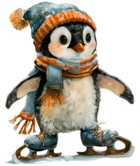 Cute Penguin on Ice Skates Clipart Illustration. Generative AI. 
