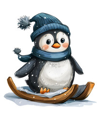 Cute Penguin on a sled Clipart Illustration. Generative AI. 