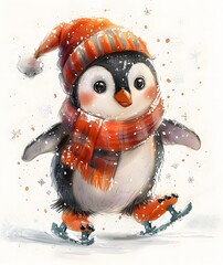 Cute Penguin on Ice Skates Clipart Illustration. Generative AI. 