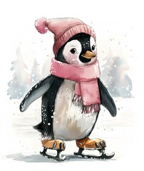 Cute Penguin on Ice Skates Clipart Illustration. Generative AI. 