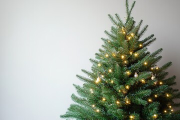 Lit Christmas tree on plain background, festive mood