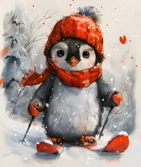 Cute Penguin on Snowboard Clipart Illustration. Generative AI. 
