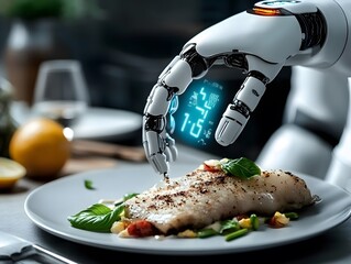 Robot chef seasoning gourmet fish dish with digital precision in high-tech kitchen